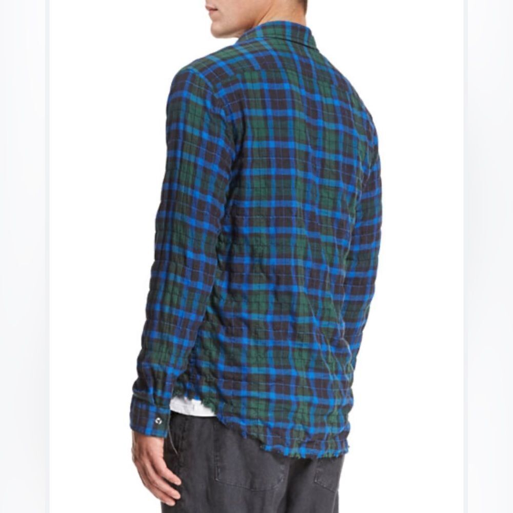 Vince Shirt Men’s Medium Blue/Green Plaid Double Pocket Button Up Frayed Hem